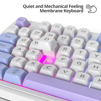 Fogruaden 96% Quiet Silent Wireless Gaming Keyboard with Number Pad & Knob, Mechanical Feel, Spill-Resistant, Multimedia Keys, Wired/BT/2.4G, USB Rechargeable Membrane Computer Keyboard for Win/Mac - color: WhitePurple