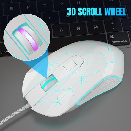 Wired Gaming Mouse, 7 Colors Breathing LED Backlit Gaming Mouse, 6 Adjustable Speeds, Ergonomic Optical Computer Mouse with 7 Buttons for Windows PC Gamers, White - color: White