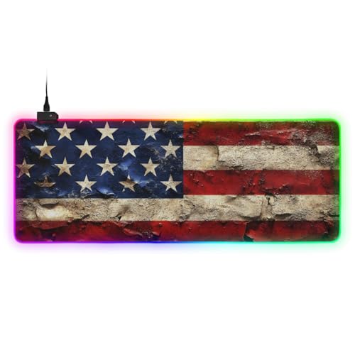 Gaming Mouse Pad Art USA Print, Multiple Modes RGB Light Large Fabric Keyboard Pad with Anti Slip Rubber Base Large - size: Large