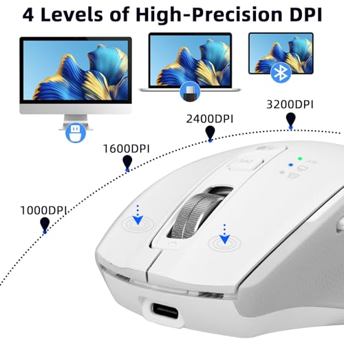 Wireless Bluetooth Mouse with USB-A, USB-C Receiver, Rechargeable, 3-Device, Full-Size, Silent Click, Ergonomic Mice for MacBook/Laptop/Computer/Tablet/PC/iPad (White) - color: White