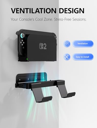 KUNSLUCK Switch 2 Wall Mount - Wall Mount Stand for Nintendo Switch 2 (2025) Console, Joy-Con, Game Cards - Space-Saving Dock with Cooling Vent Design & Easy Installation – All-in-One Wall Holder Organizer Kit - size: 2 IN 1 Wall Mount
