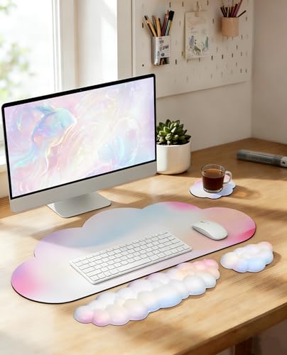 JIKIOU Ergonomic Keyboard Wrist Rest &Large Mouse Pad&Mouse Wrist & Cup Pad | Cute Cloud Shape, 4 in 1 Memory Foam Desk Mat, Ultra-smooth Surface, Savior of Wrist Pain, Anti-slip Rubber Base, Waterproof - color: 01Rainbow