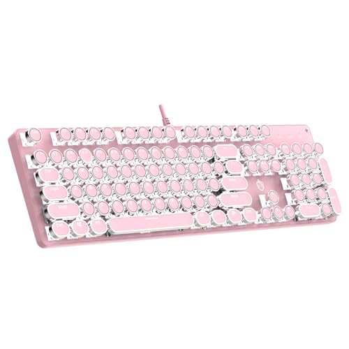 Typewriter Mechanical Gaming Keyboard with RGB Backlit Red Switches, 104 Keys Retro Round Keycap, Wired Typewriter Style Comfortable Typing Soud (Pink) - color: Pink