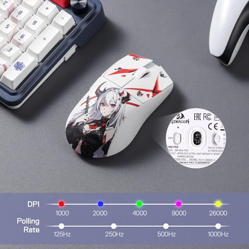 Redragon M916AK PRO 3-Mode Anime Gaming Mouse, 42G Ultra-Light 26K DPI Gaming Mouse w/Ergonomic Natural Grip Build, Full Programmable Buttons, Software Supports DIY Keybinds & DPI - color: WT-SE, style: 1K Hz