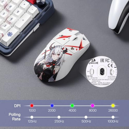 Redragon M916AK PRO 3-Mode Anime Gaming Mouse, 42G Ultra-Light 26K DPI Gaming Mouse w/Ergonomic Natural Grip Build, Full Programmable Buttons, Software Supports DIY Keybinds & DPI - color: WT-SE, style: 1K Hz