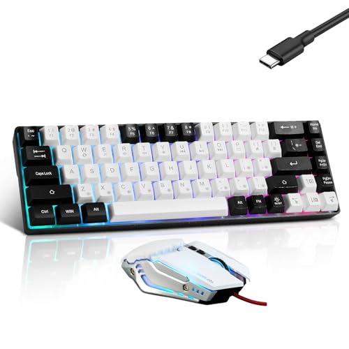 Guiheng Wired 60% Gaming Keyboard and Mouse Combo, Ultra-Compact 61 Keys RGB Backlit Mini Keyboard, Lightweight 3200 DPI Optical, Wired Gaming Set for Windows,PC, MAC PS5 Xbox Gamer(White-Black) - color: White and Black combo