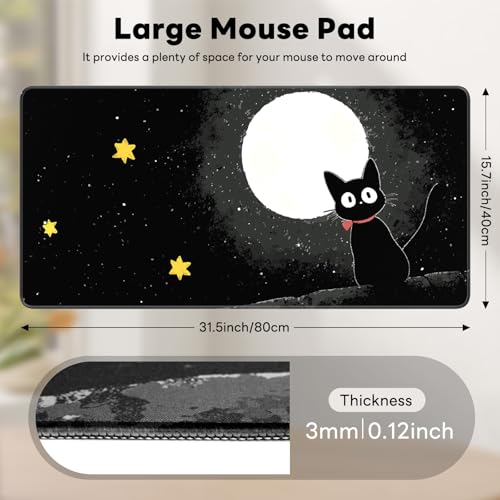 Large Gaming Mouse Pad, XL Desk Protector, Non-Slip Base | 31.5x15.7 in Extended Desk Mat with Stitched Edges for Keyboard, Work, Game, Office, Home PC and Laptop - color: Moon Cat