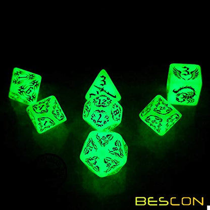 BESCON Dark Elves Glowing Dice Set (7 piece), Oversized Glow in Dark Carved Role Playing Games RPG Dice Set - color: Dark Elves