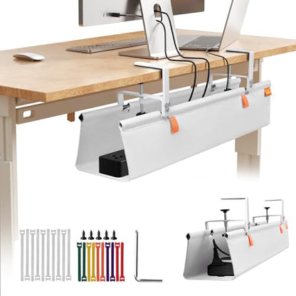Under Desk Cable Management Tray No Drill, 28Inch Cable Management,White | Clamp and Screw Mount Cable Management Tray, Extra Large Capacity Desk Cable Management, Fabric Wire Management for Office - color: White, size: 28"L x 5.5"W