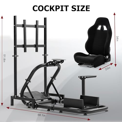 Supllueer Racing Sim Cockpit with Ergonomic Seat and Single Monitor Stand | 50mm Large Round Tube Simulator Stand Fit for Logitech/Fanatec/Thrustmaster G27 G923 G920 , No Steering Wheel Shift Pedal TV