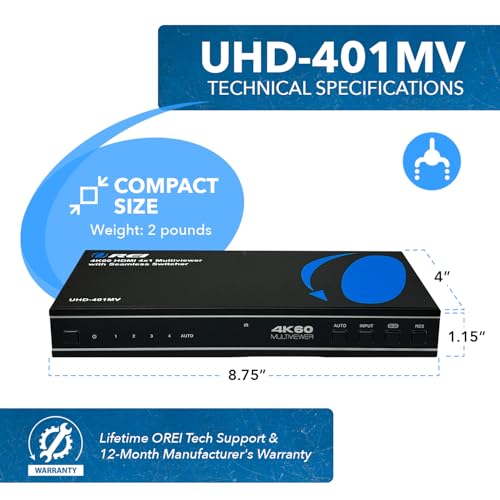 OREI 4x1 Multi HDMI Viewer Quad- 4K@60Hz RS-232 EDID IR Remote OSD HDCP 2.2 | HDMI Multiviewer 4K, HDMI Multi Viewer – 18Gbps, 8 Display Modes, 7.1 Audio, Seamless Switching, Auto Switching