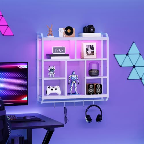 HOOBRO Gaming Floating Shelves with LED Light, 28.1" LED Wall Shelf White | 4-Tier Wall Mounted Shelves for Storage, Floating Wall Shelf Display Rack With Hanging Rod, for Bedroom Game Room Living Room - color: White