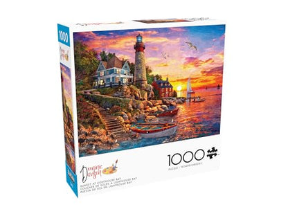 Buffalo Games - Sunset at Lighthouse Bay - 1000 Piece Puzzle for Adults | Art by Dominic Davison, Made in USA, Recycled Board, Finished Size 26.75 x 19.75 in, Includes Poster, Frameable Art, Giftable
