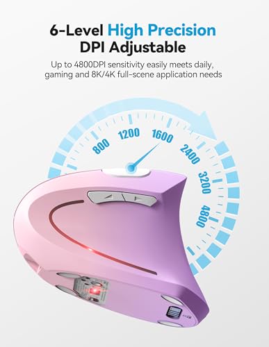 TECKNET Ergonomic Mouse Wireless, Rechargeable Vertical Mice Right Hand | Bluetooth+2.4G, Multi Device, 4800 DPI Adjustable, Optical Carpal Tunnel Mouse for Laptop, PC, Computer, MacBook, Pink Purple - color: Pink Purple
