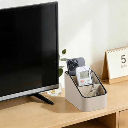 PU Leather Remote Control Holder, Small Desk Organizer Office Supply Bedside Caddy for Nightstand End Table Couch, Pen Remote Organizer with 3 Compartments (Beige) - color: Beige