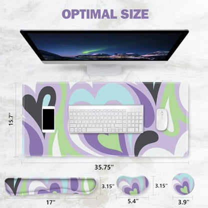 ToLuLu Extended Gaming Mouse Pad, Memory Foam Ergonomic Keyboard Mouse Wrist Rest Support Set, Large Desk Mat with Stitched Edges, Non-Slip Base Mousepad for Home Office Game Study, Purple Hearts - color: Purple Hearts