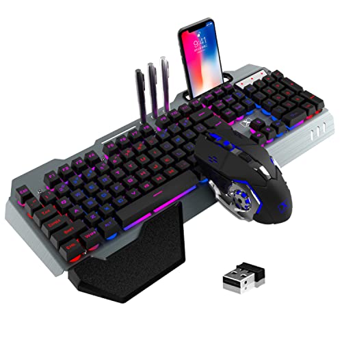 Wireless Gaming Keyboard and Mouse Combo,Rainbow LED Backlit Keyboard with Rechargeable 3800mAh Battery Metal Panel,Removable Wrist Rest Mechanical Feel and 7 Color Mute Gaming Mice for PC PS4 PS5 - color: Black LED Mix