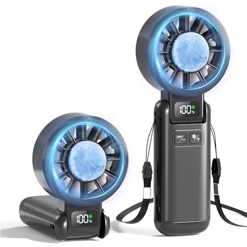 Portable Handheld Fan with Ice Cooling, 5.5m/s High Speed Rechargeable Fan, Independent Switch, 5-Speed, LED Display, 12H Battery, Foldable Neck Personal for Travel Essentials, Concerts, Sports Events - color: Black