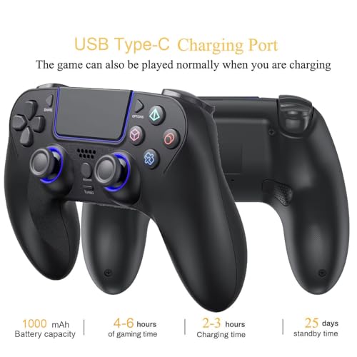 Wireless Game Controller for PlayStation 4 Bluetooth Replacement Gamepad for PS-4 Slim/Pro & Windows PC Rechargeable Portable Double Vibration Joystick Remote Joypad with 1000mAh Battery,Turbo,Mapping