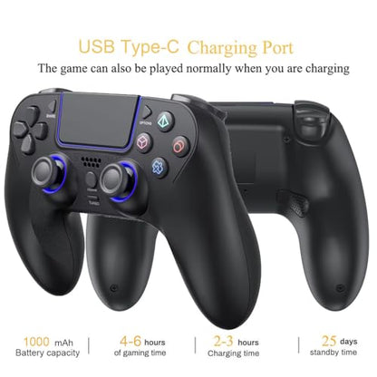 Wireless Game Controller for PlayStation 4 Bluetooth Replacement Gamepad for PS-4 Slim/Pro & Windows PC Rechargeable Portable Double Vibration Joystick Remote Joypad with 1000mAh Battery,Turbo,Mapping
