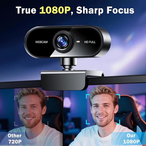 1080P Webcam with Microphone, Video Calling Web Camera, Wide-Angle Lens, Auto Light Correction, Plug & Play USB Webcam for Meetings, Streaming, for Laptop, Desktop, PC, Mac, Zoom, Skype, Black