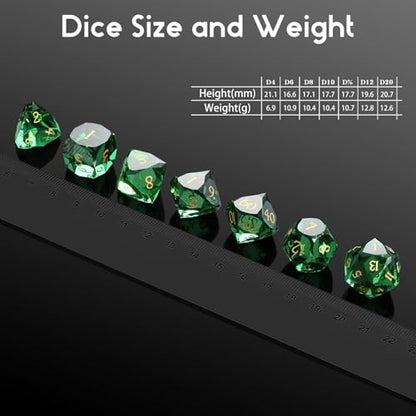 DNDND 7-Piece Glass Dungeons and Dragons Dice - Multifaceted Green RPG Dice Set for DND, Tabletop Gaming, Collectors | Premium Gift Box & Durable Design (Green) - color: Green