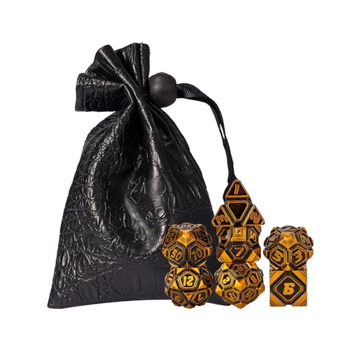 Metal UFO Dice Set, 7 Die Metal Polyhedral Dice Set for DND Dungeons and Dragons Role Playing Games,with Skull Bag.(Ancient Gold) - color: Ancient Gold