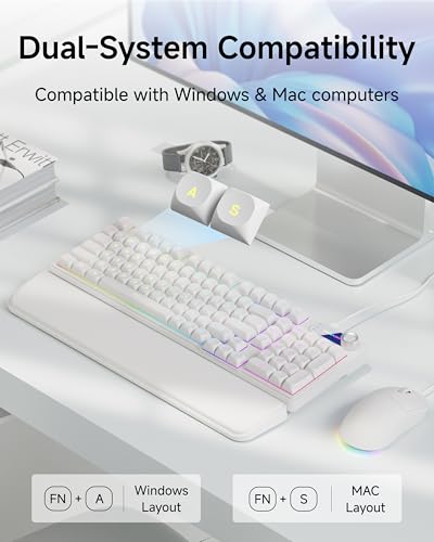 EWEADN Wired Keyboard and Mouse Combo with Detachable Wrist Rest, Quiet Ergonomic Keyboard Mouse Set with Multimedia Knob, RGB Backlit, Double-Shot Keycaps Natural Typing for Laptop, PC - White - color: White