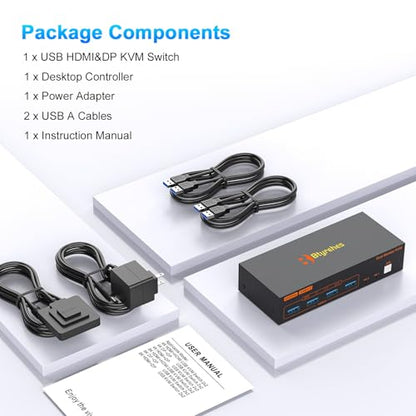 4K Kvm Switch 2 Monitors 2 Computers 4K@60Hz HDMI Displayport Dual Monitor KVM Switches 2 Ports for 2 PC Share Mouse Keyboard and 2 Screens with USB 3.0 Cables and Extended Controller