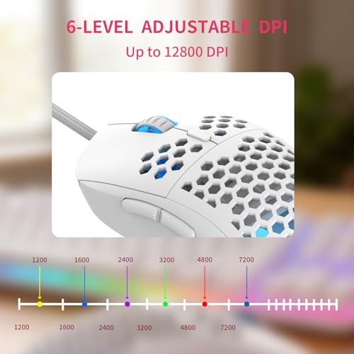 MR.FOX M1 Ultralight Honeycomb Gaming Mouse Wired, 75g Lightweight, 12,800 DPI Optical Sensor, RGB Lighting with Music Sync, 6 Programmable Buttons, Braided Cable, Gaming Mouse for PC/Mac, White - color: White