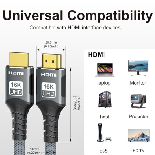 16K HDMI 2.2 Cable 3.3FT, 96Gbps Ultra High Speed HDMI Male to Male Braided Cord Support 16K@60Hz 8K@60Hz eARC HDCP HDR10+ Dolby Compatible with TVs, Monitors, Projectors (1m/3.3feet)
