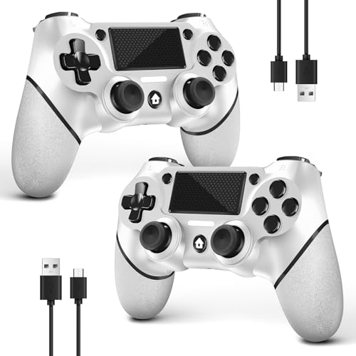 AceGamer 2 Pack for PS4 Controller, Wireless Controllers for PS4/Pro/Slim/PC, with Non-Slip Grip of Both Sides and 2 USB-C Cable! (White * 2) - color: White