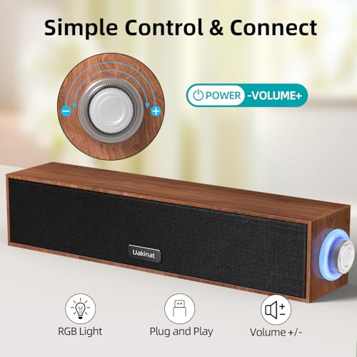 Uakinat Computer Speakers,Wooden Multimedia Digital Speaker,USB Powered 3.5mm AUX PC Speakers,Surround Sound Portable Computer Sound Bar Speaker for Desktop Laptop (Brown)