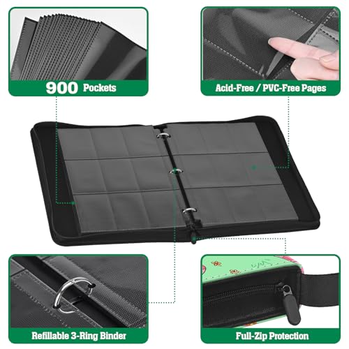 Cute Frog & Mushroom 9-Pocket Trading Card Binder Album, 900 Card Zipper Binder with 50 Removable Sleeves, Refillable 3-Ring Card Book for MTG, TCG and Sports Cards, Fits 2.5" x 3.5" Cards - color: Frog & Mushroom