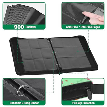 Cute Frog & Mushroom 9-Pocket Trading Card Binder Album, 900 Card Zipper Binder with 50 Removable Sleeves, Refillable 3-Ring Card Book for MTG, TCG and Sports Cards, Fits 2.5" x 3.5" Cards - color: Frog & Mushroom