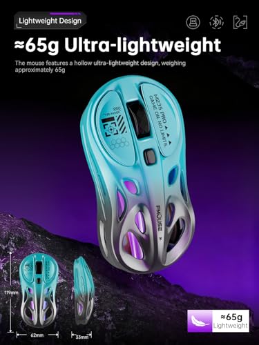 FMOUSE Wireless Mouse Tri-Mode 2.4G & Dual Bluetooth & Wired, Hollow RGB, 65g, 4800 DPI, USB-C Rechargeable, Gaming & Office, for Mac Laptop iPad PC – Turquoise & Gray - color: Turquoise and Gray Gradient