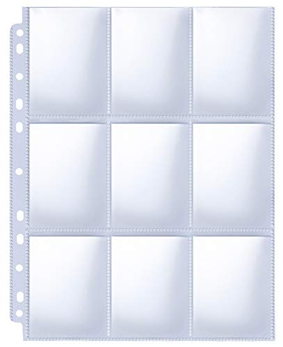HERKKA Trading Card Sleeve Pages, 100 Pack 9 Pocket Album Pages 11 Holes Fit 3 Ring Binder - size: 100 pack