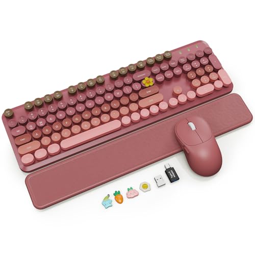 Wireless Keyboard and Mouse Combo, Magnetic Soft-Touch Wrist Rest, Round Keycaps, Full-Size Retro Typewriter Keyboard, 2-Stage Tilt Legs, Auto Sleep, 2.4GHz Cordless for Windows PC, Rose Pink Ombre | Round Keycaps, Full-Size Typewriter Style, 2.4GHz Cordl