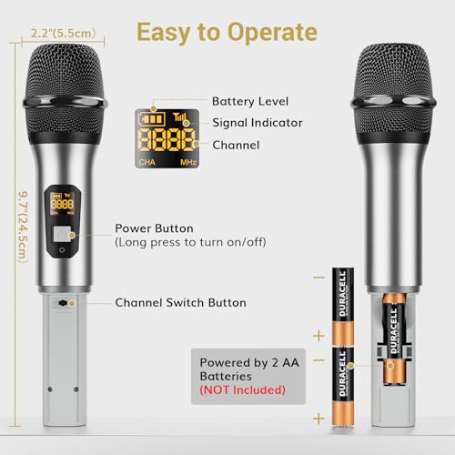 TONOR Wireless Microphones System, 2 * 15 Channel Dynamic Mics Silver*2 | UHF Handheld Metal Mic with Receiver, Pro Cordless Micro for Karaoke, Meeting, Party, Church, DJ, Wedding, KTV, 200ft, TW-820 - style: 2 Mics