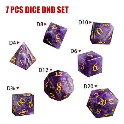LUCKY-M Amethyst Gemstone DND Dice Set, Birthday Day Gifts for Women, 7PCS Dice D&D Set for Dungeons and Dragons RPG Table Game, Polyhedral D and D Dice - color: 4.amethyst