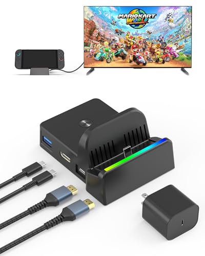 Switch 2 Dock with 60W Charger & HDMI Cable, 4K TV Docking Station for Nintendo Switch 2, All-in-One Game Accessories Set, Portable Travel Charging Stand Base, AC Adapter Power Cord