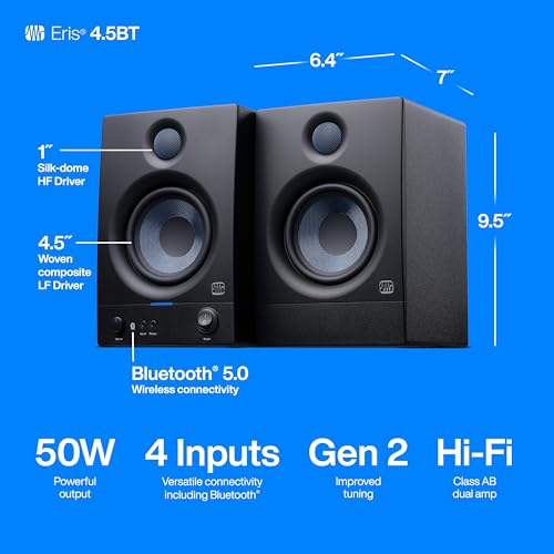 PreSonus Eris 4.5BT Bluetooth Studio Monitors, Pair — 4.5" Inch Powered Bookshelf Speakers, Stereo, Desktop Computer, Near Field Music Production, Audio Mixing Recording | Pair • Bluetooth 5.0 • 4.5 Woven Woofer • 1 Silk-Dome Tweeter • 50W Class Ab • 70hz