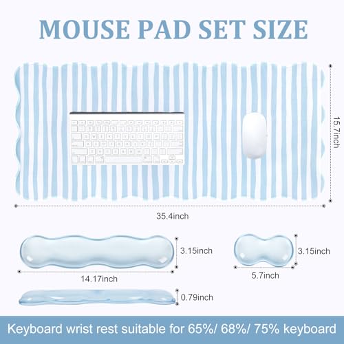 L-SPOUTTO Blue Striped Mouse Pad Set,Scalloped XXL Desk Mat + Ergonomic Mouse Wrist Rest + Gel Keyboard Wrist Rest for Keyboard 65%/75%,3in1 Large Desk Pad for Desktop Home Office Computer Game - color: Blue Striped