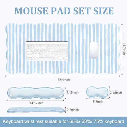 L-SPOUTTO Blue Striped Mouse Pad Set,Scalloped XXL Desk Mat + Ergonomic Mouse Wrist Rest + Gel Keyboard Wrist Rest for Keyboard 65%/75%,3in1 Large Desk Pad for Desktop Home Office Computer Game - color: Blue Striped