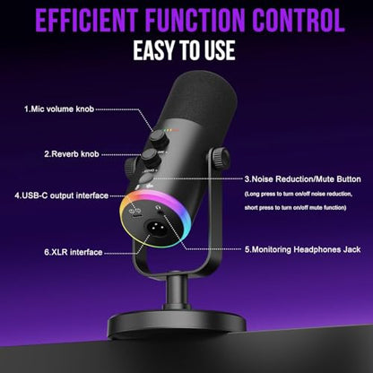 Dynamic Microphone, USB-C/XLR Podcast Recording PC Microphone for Podcast Recording Streaming Gaming with RGB Light, Mute Button, Desktop Stand, Headphones Jack, Vocal Mic for Singing Tiktok YouTube
