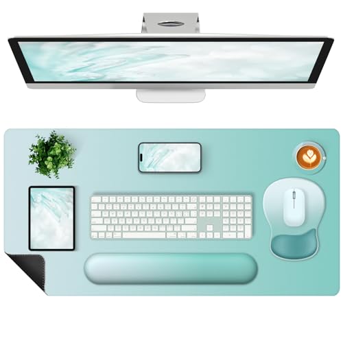 4-in-1 Large Gaming Mouse Pad, Keyboard Wrist Rest Pad & Wrist Support Mousepad Set, Extended Desk Pad Waterproof Desk Mat Protector for Home Office Decor Study Game 35.4×15.7 Inches I Mint Green - color: Mint Green