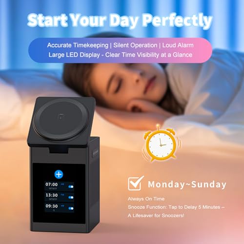 Vivilumens 7-in-1 Wireless Charging Station with Bluetooth Speaker Alarm Clock, LCD Touch Screen, Multifunctional 3 in 1 Wireless Charger, 18W Fasting Charging, Gifts for Men Teenage Boys - color: Black-Touch Screen