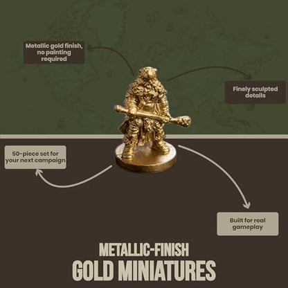 50-Piece Gold Fantasy Miniatures Set: 16 Unique Pre-Finished RPG Figures for Tabletop Roleplaying Games, Heroes & Monsters, Campaign Ready, No Paint Required