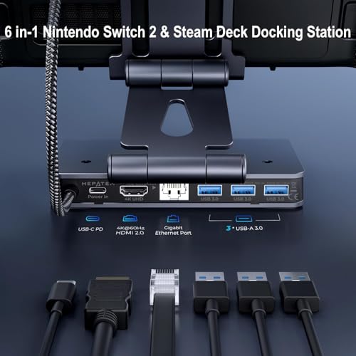 6-in-1 Docking Station for Nintendo Switch 2 & Steam Deck - 4K@60Hz HDMI, 100W PD Fast Charge, 3xUSB 3.0 Ports, 1Gb Ethernet - Aluminum Alloy Adjustable Stand for Switch 2/OLED/Steam Deck/Legion Go