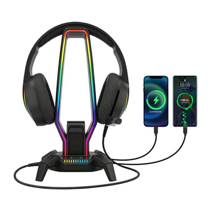 MARVO RGB Headphone Stand Data Transmission, 9 Lights Mode Headset Holder with 1 USB-C & 3 USB Ports & 1 3.5mm Jack Port, Ultimate Gaming Accessories for Gamers for PS, Xbox, PC
